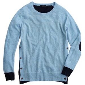 J. Crew Blue Wool Angora Elbow Patch Sweater Colorblock Button Detail Equestrian